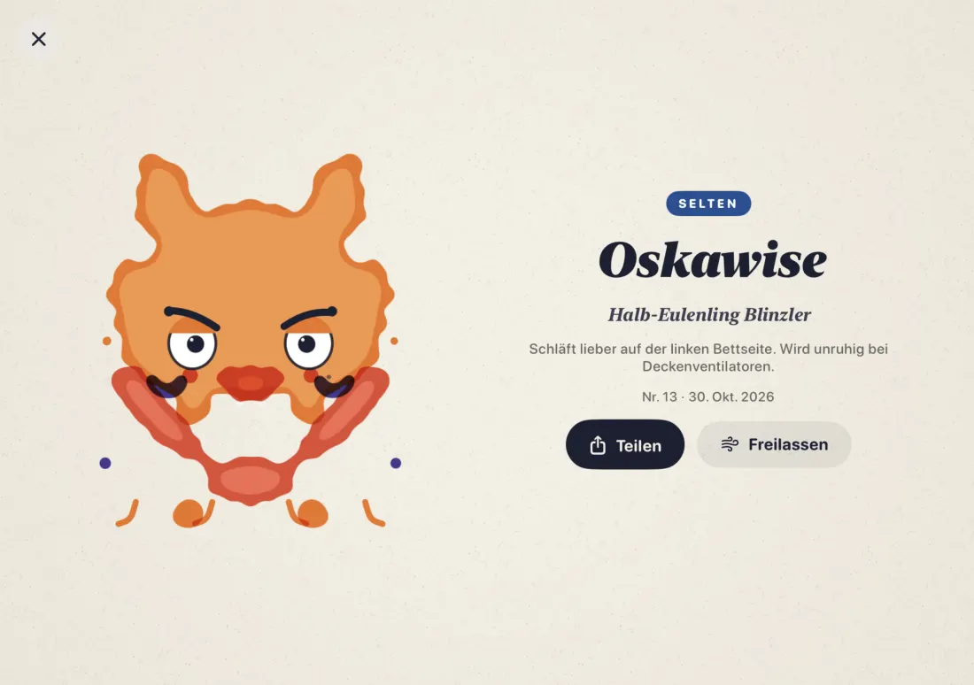 iPhone Duo: ein Wesen links, sein Bestimmungsbuch-Eintrag rechts
